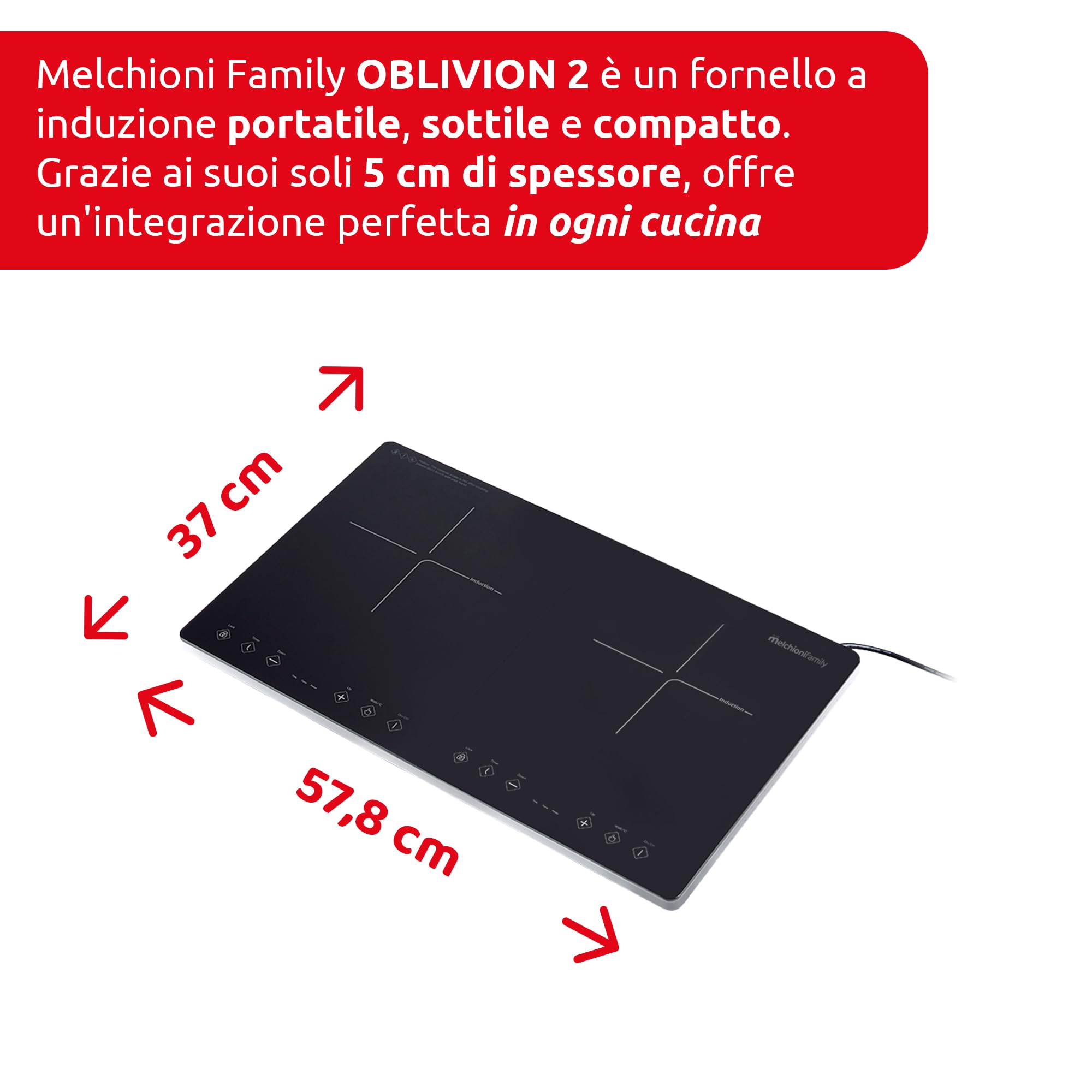 Family OBLIVION 2 płyta indukcyjna, płyta indukcyjna z 2 palnikami, szkło czarne, cyfrowy wyświetlacz, timer, blokada bezpieczeństwa dzieci, ochrona przed przegrzaniem, maksymalna absorpcja 3300 W