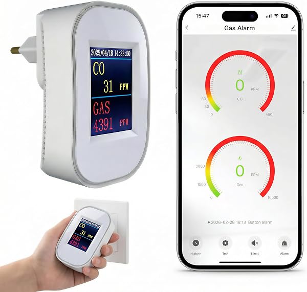 SINOTÉCA Rilevatore Gas e Monossido di Carbonio WiFi, 2 in 1 Metano/GPL/Propano, Display LED PPM, Notifiche App Tuya, Presa a Muro Senza Batteria, EN50291 EN50194, per Casa Cucina Garage Camper - 3
