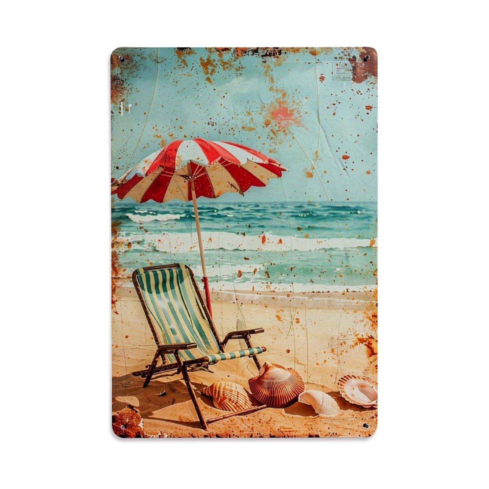 Jdyaojiesheng Vintage Beach Umbrella Chair Seashells Ocean Tin Sign Retro Metal Wall Decor Metal Poster, Home Bar Garage Farmhouse Cafe Wall Art Decoration 8X12inches