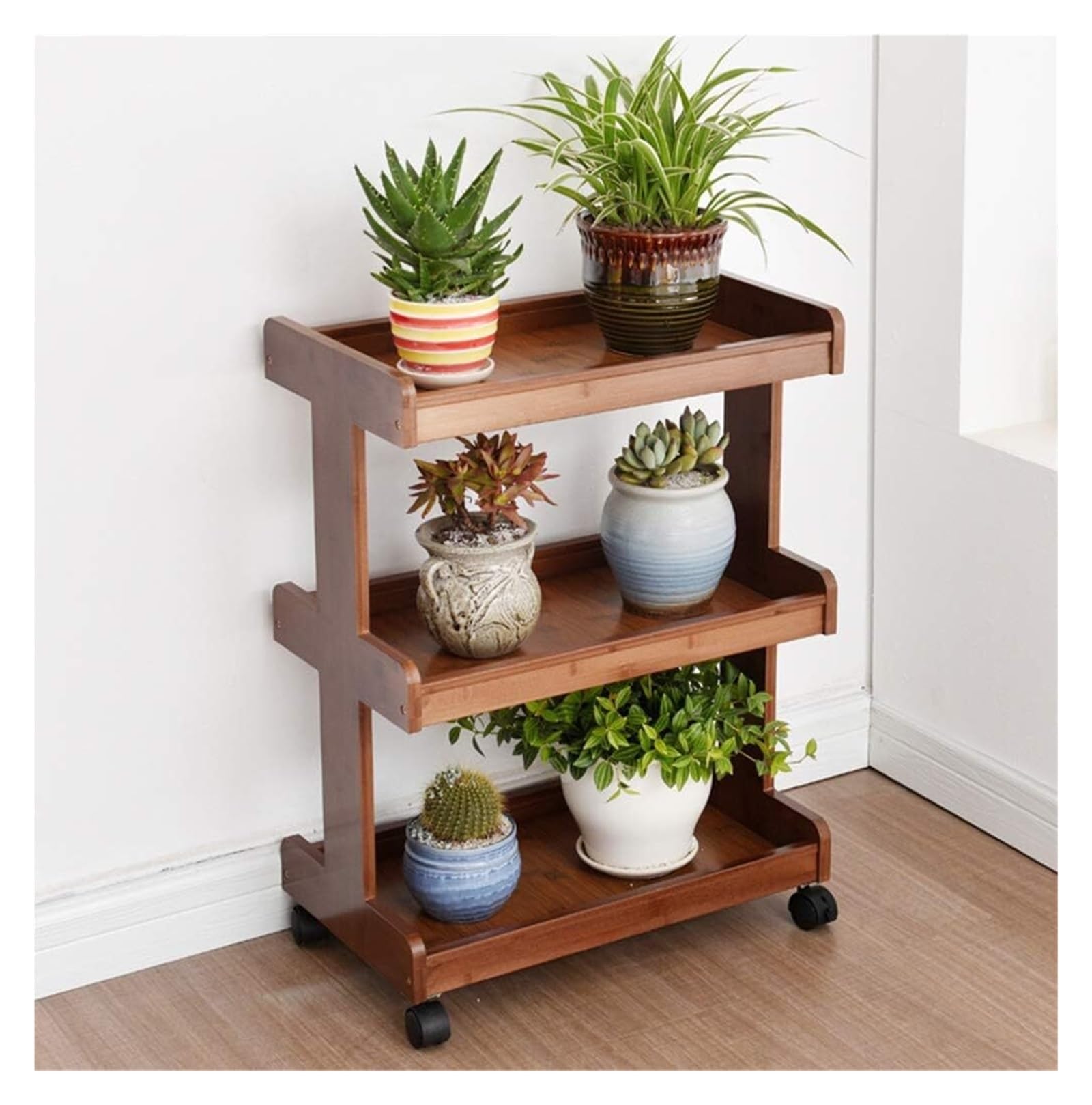 Soportes para Flores, Soporte para Plantas, Soporte para macetas, estantes de Almacenamiento de bambú, Estante de Escalera Independiente de 3 Niveles con Ruedas, estantería para Oficina