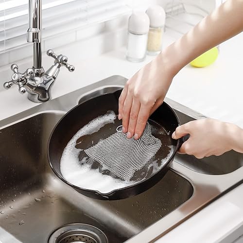 Miniatura 5 de SUBEKYU Limpiador de hierro fundido antiarañazos con espátula y parrilla, limpiador de acero inoxidable 316 para correos de cadena de hierro