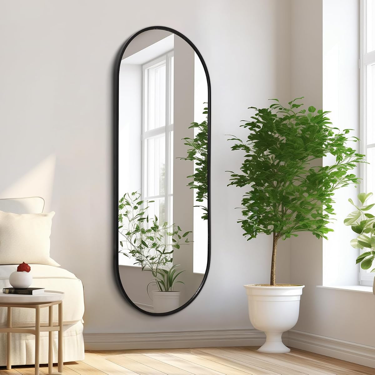 Espejo de baño ovalado negro de longitud completa, espejo de pared de tocador oblongo en forma de píldora de 48x16'', espejo de decoración de marco de aluminio con cápsula con marco de metal para la entrada del dormitorio del tocador de la sala de estar