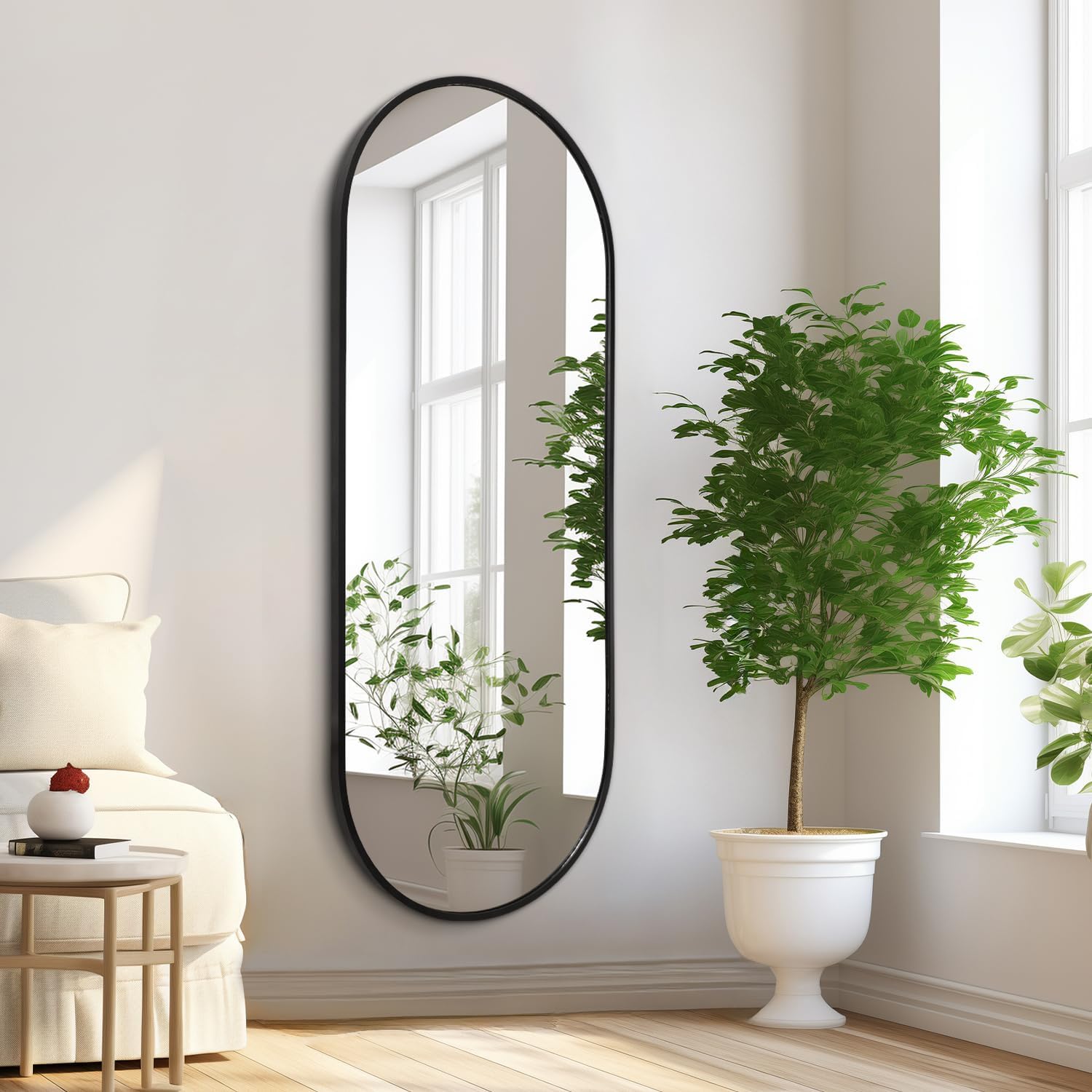 Black Oval Bathroom Full Length Mirror, 48x16'' Pill Shaped Oblong Vanity Wall Mirror, Metal Framed Capsule Aluminum Frame Decor Mirror for Living Room Vanity Bedroom Entryway