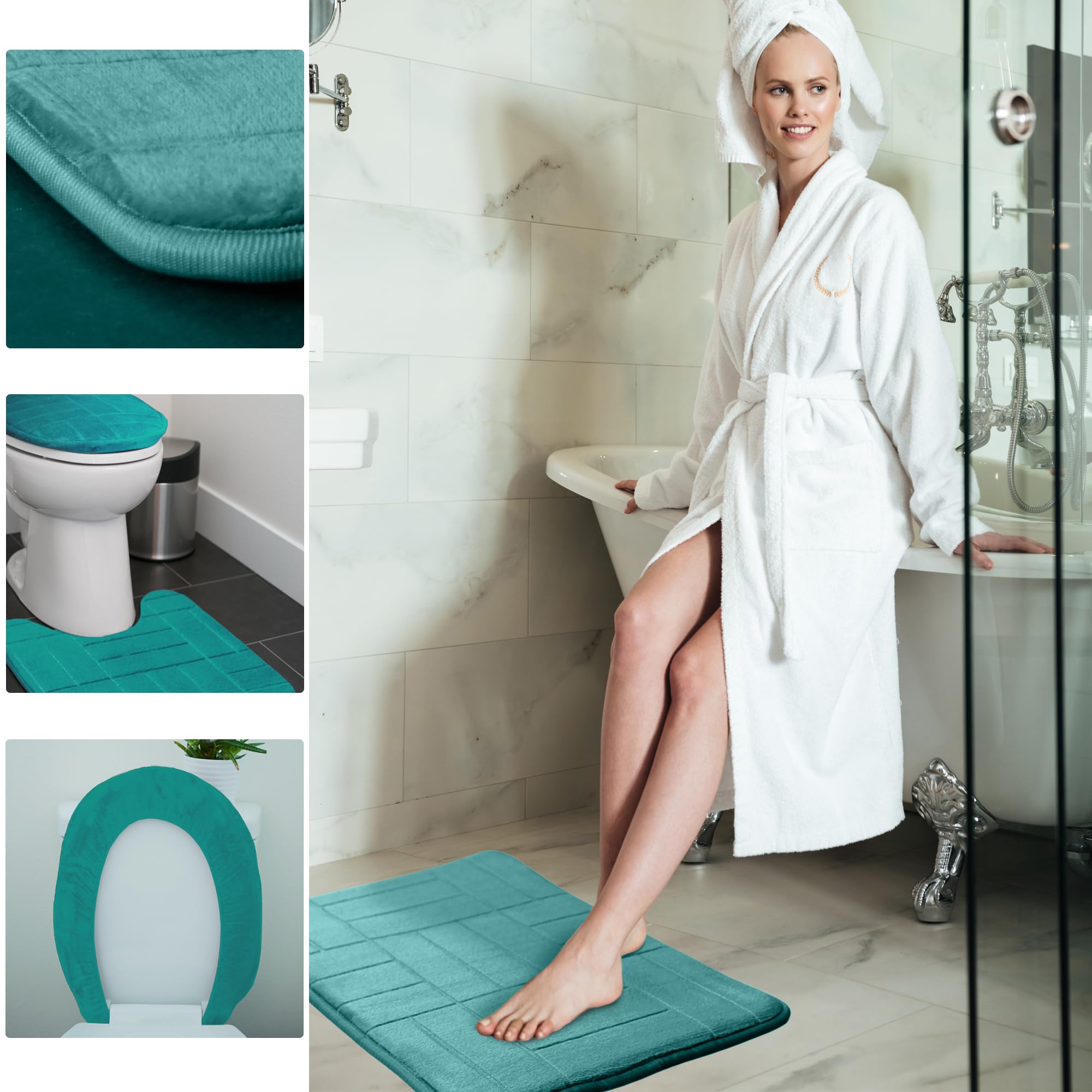 Juego de 5 alfombras de baño de espuma viscoelástica, suaves y cómodas, antideslizantes, gruesas, absorbentes, lavables a máquina, color verde azulado aguamarina