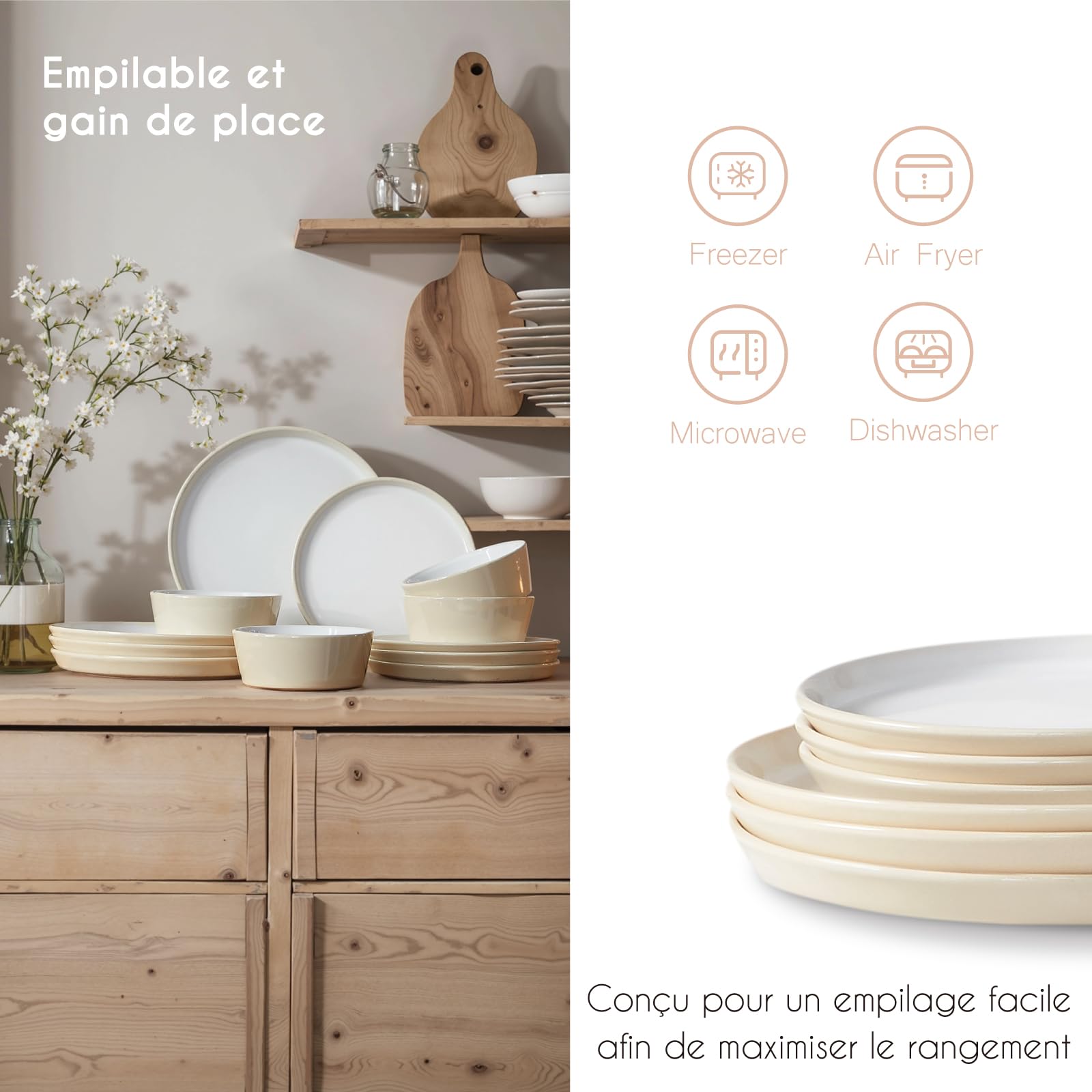 Service de Vaisselle 12 Pièces pour 4 Personnes | Ensemble Moderne en Porcelaine avec 4 Assiettes Plates, 4 Assiettes à Dessert et 4 Bols à Céréales | Design Rustique Style Ferme, Beige Clair