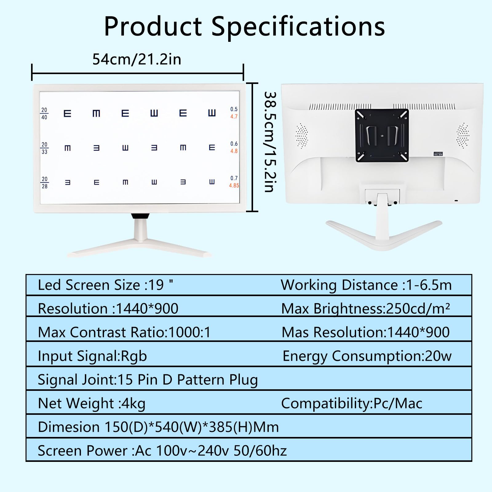 Cyfrowa Tablica Badania Wzroku, Elektroniczna LCD 19”,44+ Pola Widzenia, Badanie Astygmatyzmu,Bezprzewodowy Pilot 8m, Dla Dorosłych i Dzieci White