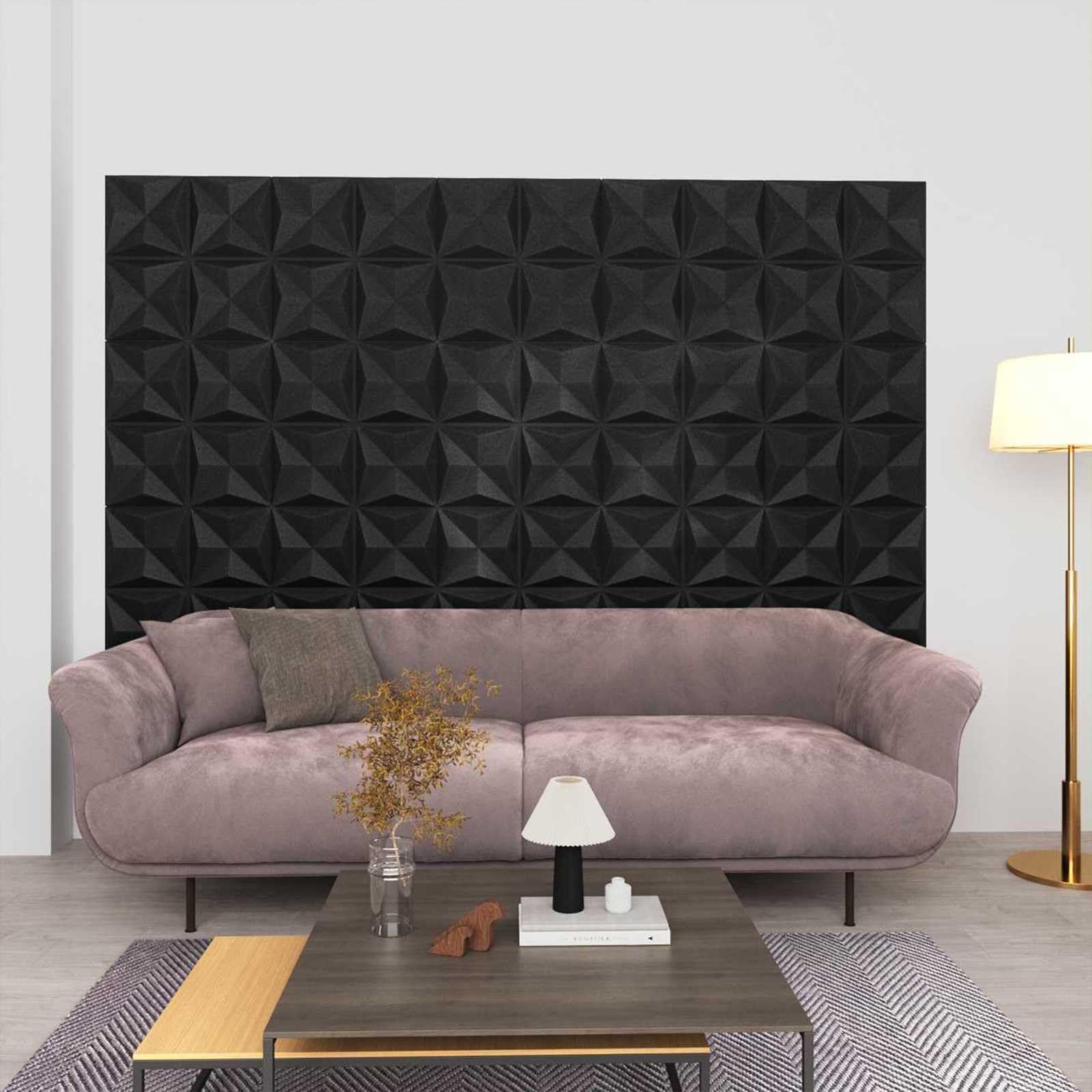 Panele ścienne 24 sztuki origami czarne 50 x 50 cm pianka XPS | Lekki materiał, "zrób to sam", do sypialni i salonu, łatwy w pielęgnacji suchą szmatką