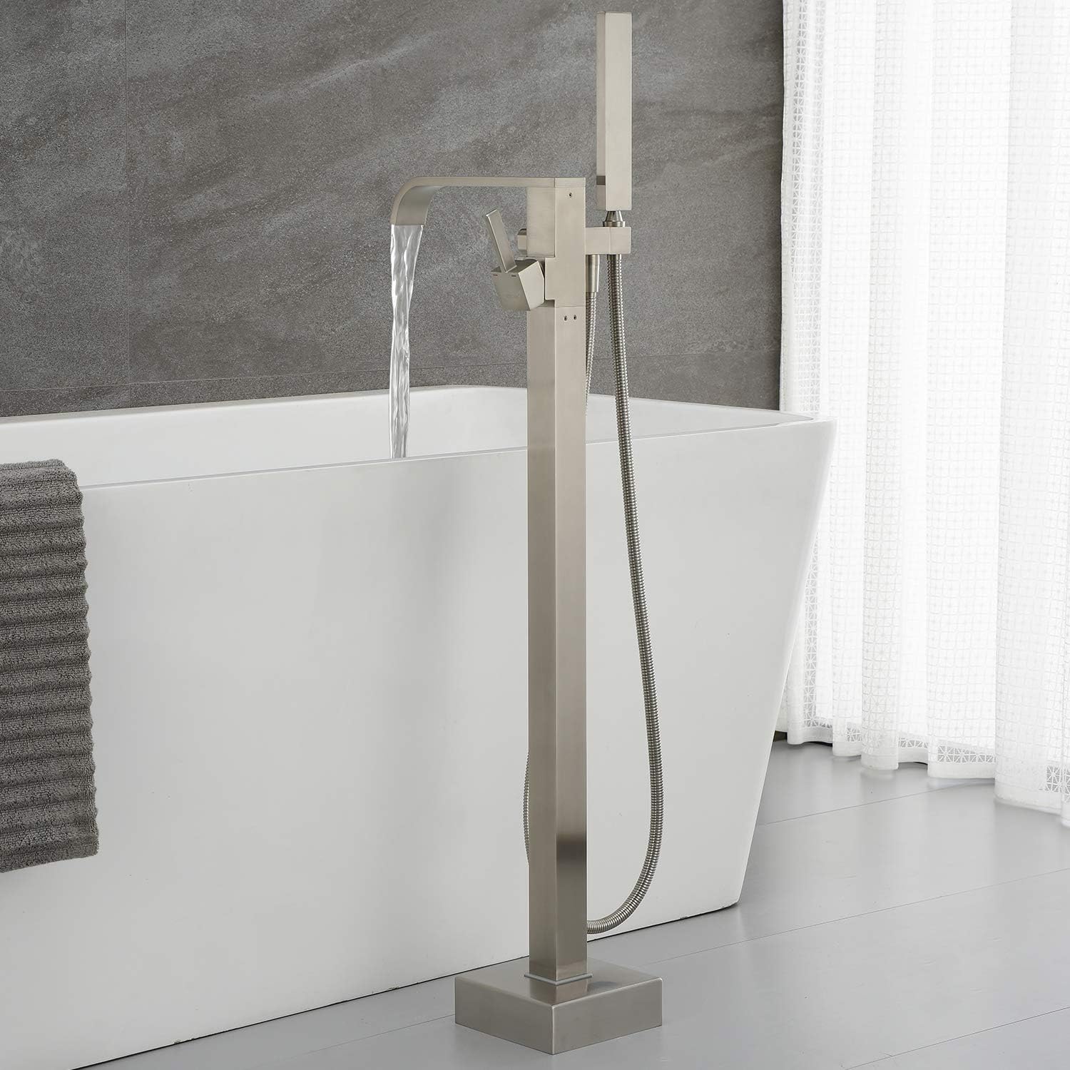 Freestanding Bathtub Faucet Tub Filler Brushed Nickel Floor Mount Faucets Brass Single Handle with Hand Shower - Image 3