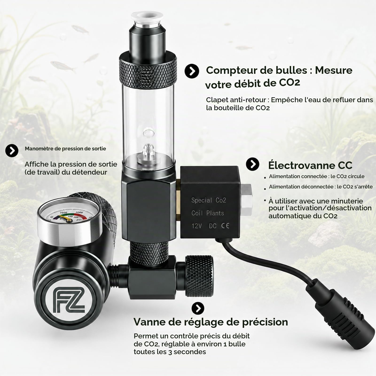FZONE Kit Régulateur CO2 pour Aquarium (W21.8), Système CO2 Compact avec Diffuseur, Électrovanne DC Améliorée et Compteur de Bulles avec Clapet Anti-Retour, pour Système CO2 en Aquarium Planté