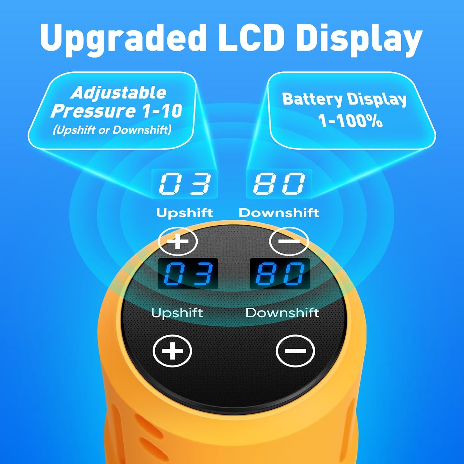 Close-up of the LCD display showing adjustable pressure modes and battery level