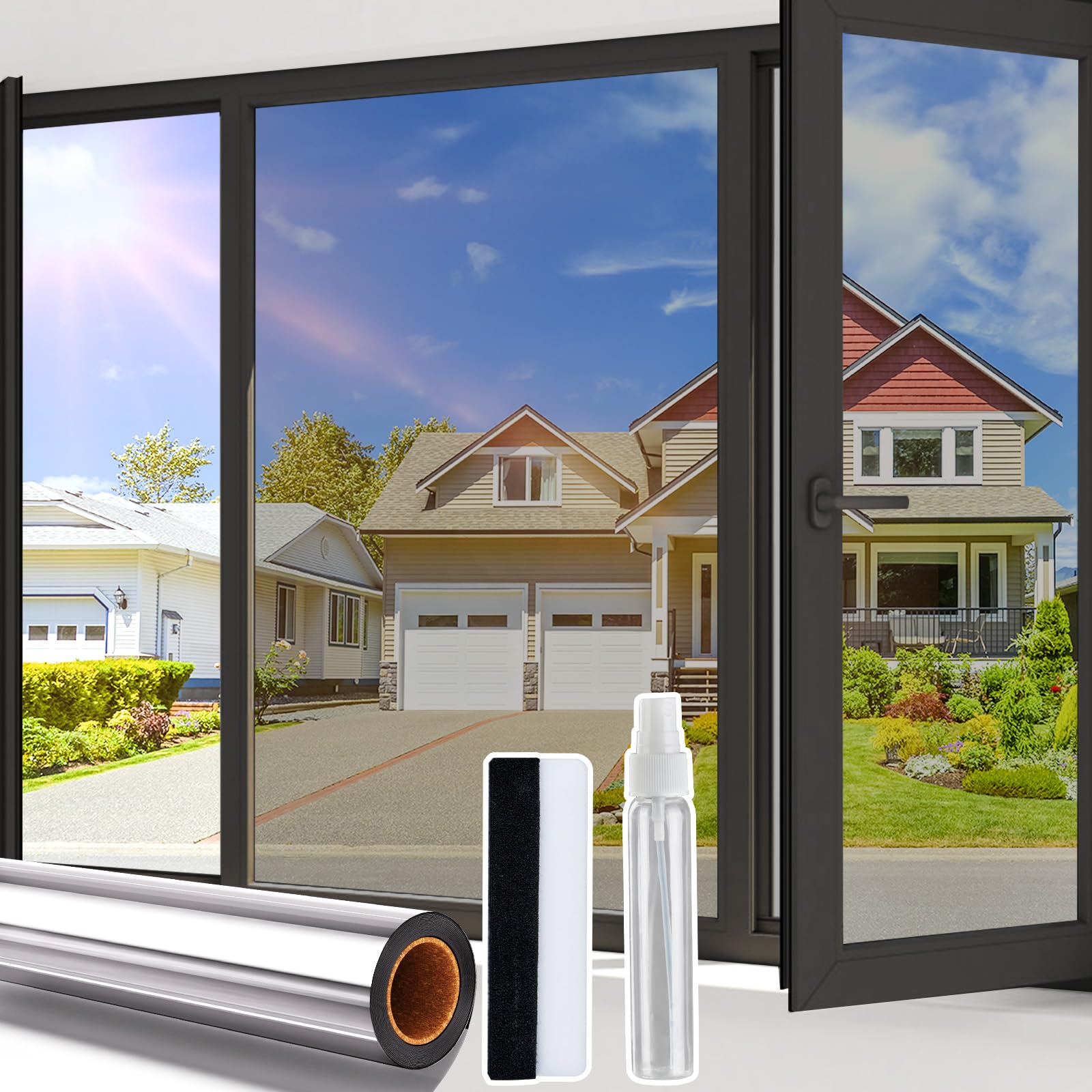 Beautysaid One Way Reflective Window Film Sun Blocker, Anti Glare UV Heat Reflective Window Film Privacy, Static Cling without Glue for House Office Home, 44.5 * 200cm