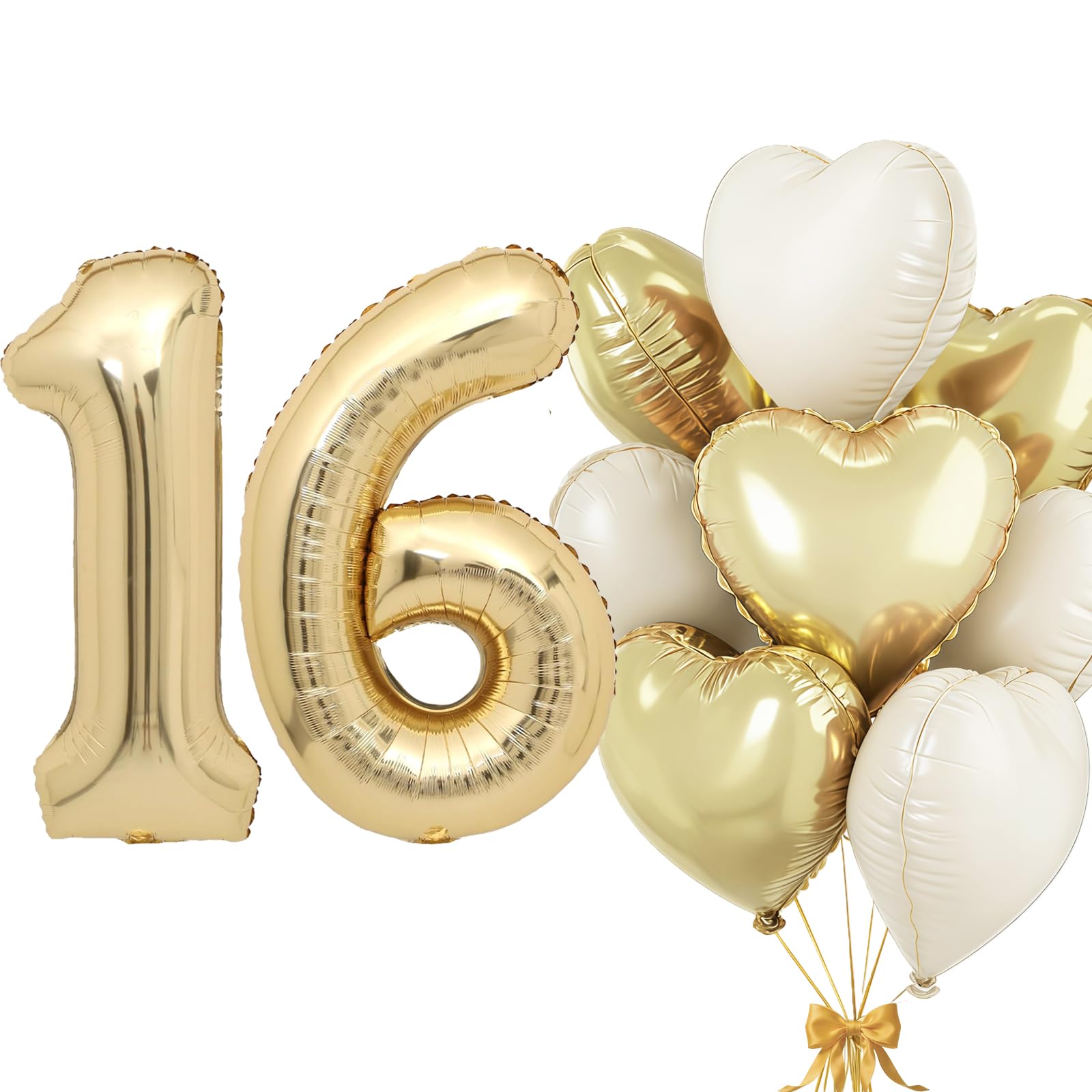 Light Gold Balloon 16, Foil Balloon Number 16, Heart Foil Balloon Light Gold Beige, 40 Inch Helium Balloon 16 & 61 with Heart Balloons, Balloon 16th Birthday Decoration Set for Birthday Party