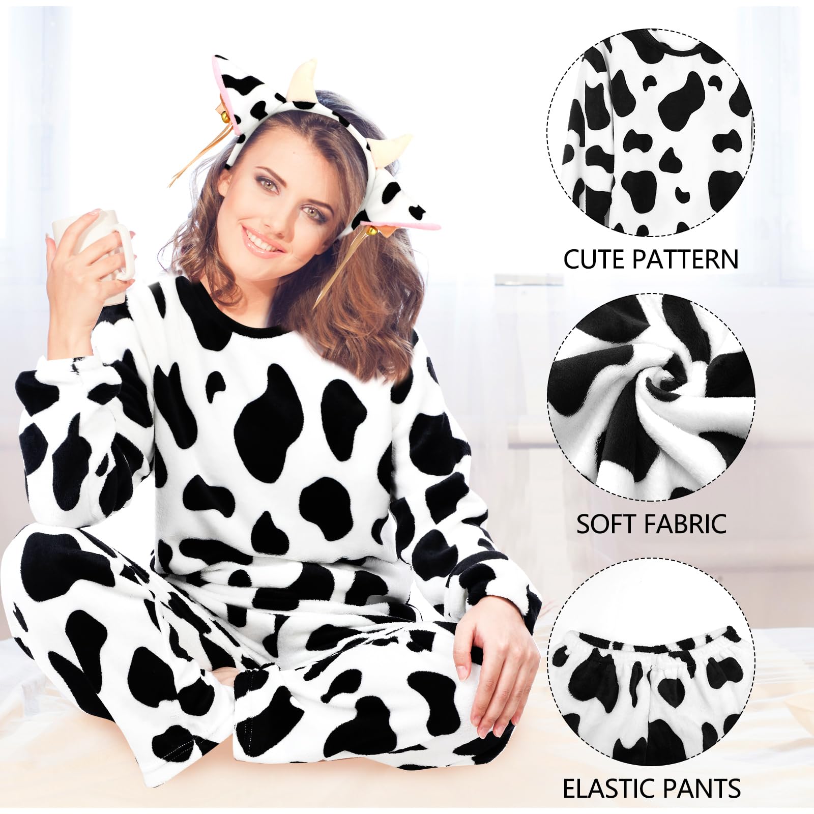 Women Cow Costume Plush Cow Pajama Ear Headband with Horn Tails Bell