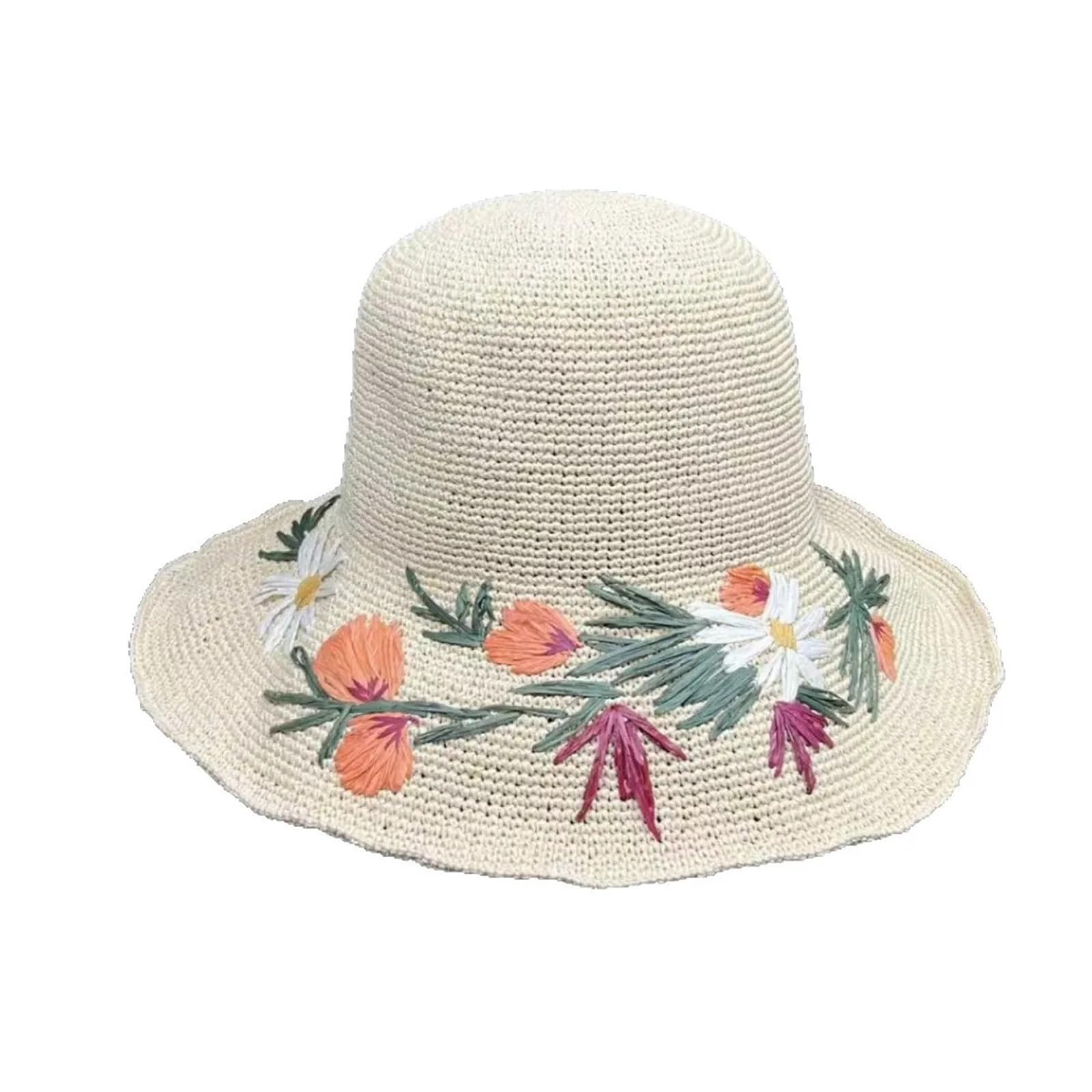 Sombrero de Paja Floral Bordado a Mano for Mujer Verano Viajes Vacaciones Playa Gorras Protección Solar para Viajes y Vacaciones