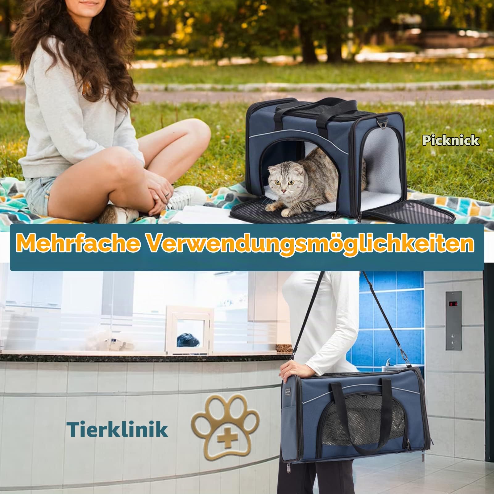 Petsfit Transporttasche Katze & Hundetasche Flugzeug | Flugtasche für Hunde & Transportbox Katze | Flugtaugliche Haustiertasche | Sicherer Transport in Auto, Flugzeug und Bahn, M/Blau