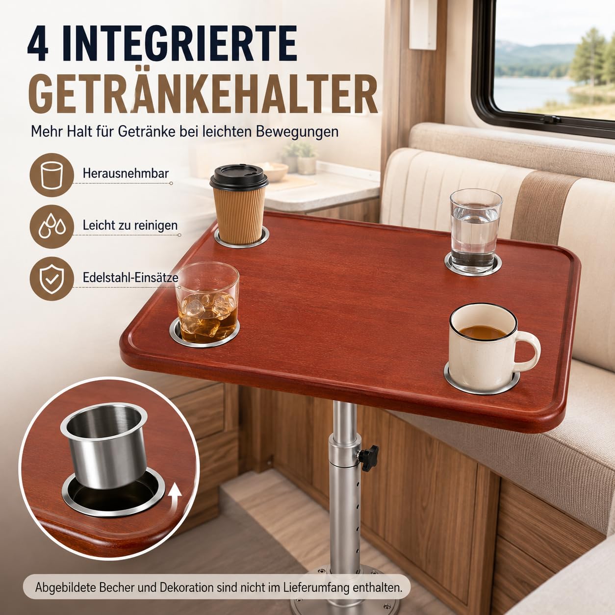 Wohnmobiltisch Teleskopisch Höhenverstellbar Abnehmbar, RV Tisch mit 4 Getränkehaltern, Eiche Tischplatte, Tisch für Caravan Wohnwagen Boot Yacht, 600x380mm Tischgestell