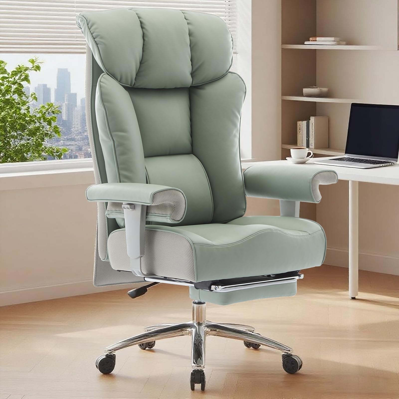 Efomao Big and Tall Green Office Chair 450LBS Ergonomic High-Back Executive Chair with Footrest Adjustable Padded Armrests PU — view 2