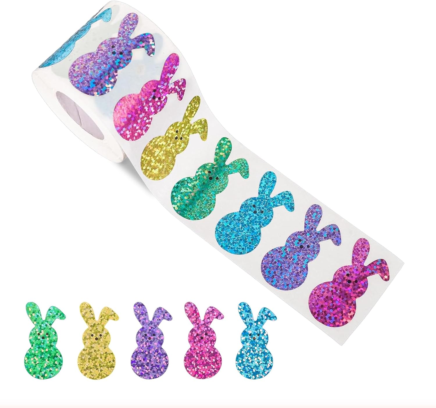 Easter Bunny Stickers Roll Easter Glitter Bunny Stickers Sparkly Colorful Rabbit Pattern Decals Easter Rabbit Adhesive Decal for Envelope Cards Gift Decor Holiday DIY Craft 500 PCS
