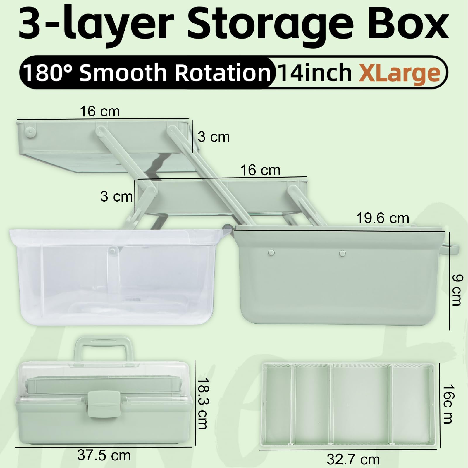 Creahaus Scatola di immagazzinaggio a 3 strati da 35,6 cm Multiuso/Scatole di immagazzinaggio per artigianato con scomparti/Scatola per attrezzi in plastica/Contenitore per medicinali/Organizzatore