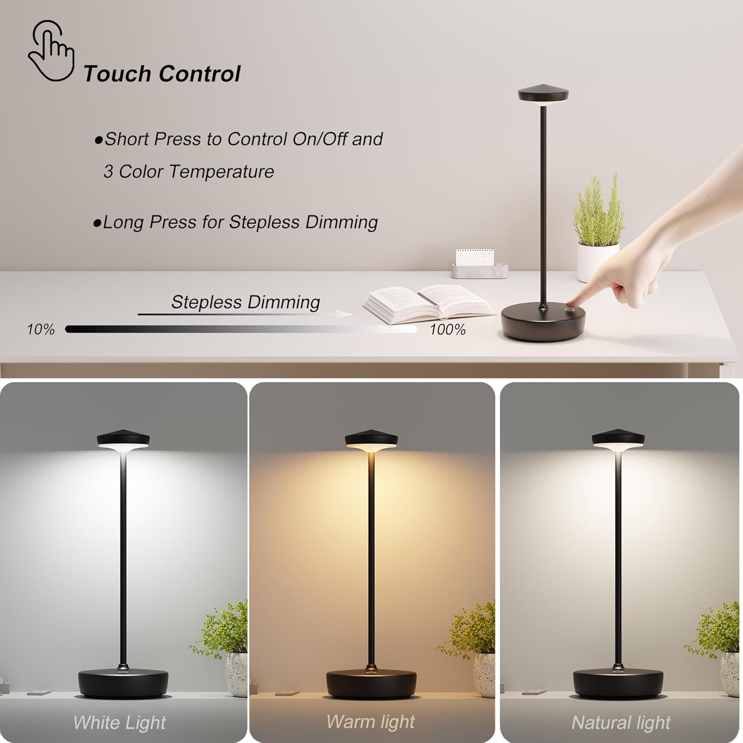 Cordless Table Lamp Rechargeable 2Pack - LED Battery Table Light with 3 Color Temperatures, Stepless Dimming, Waterproof Aluminum for Indoor Outdoor, Patio, Restaurant, Dinner (Black)