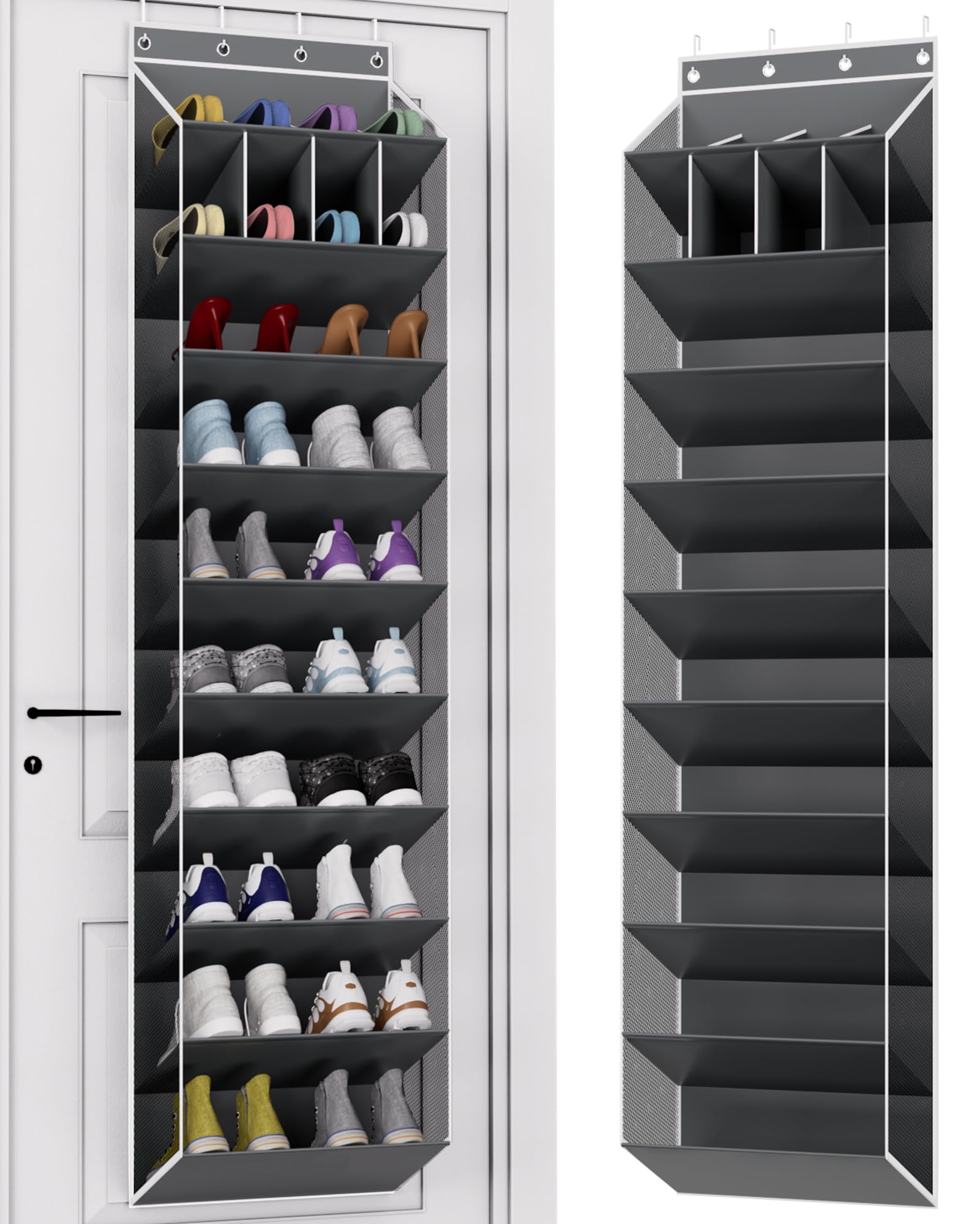 KYEVIS 10 Tier Over Door Shoe Storage Organiser with Deep Pockets, Large Capacity Hanging Storage Rack for Sneakers, Boots, Toys and Daily Necessities, Grey