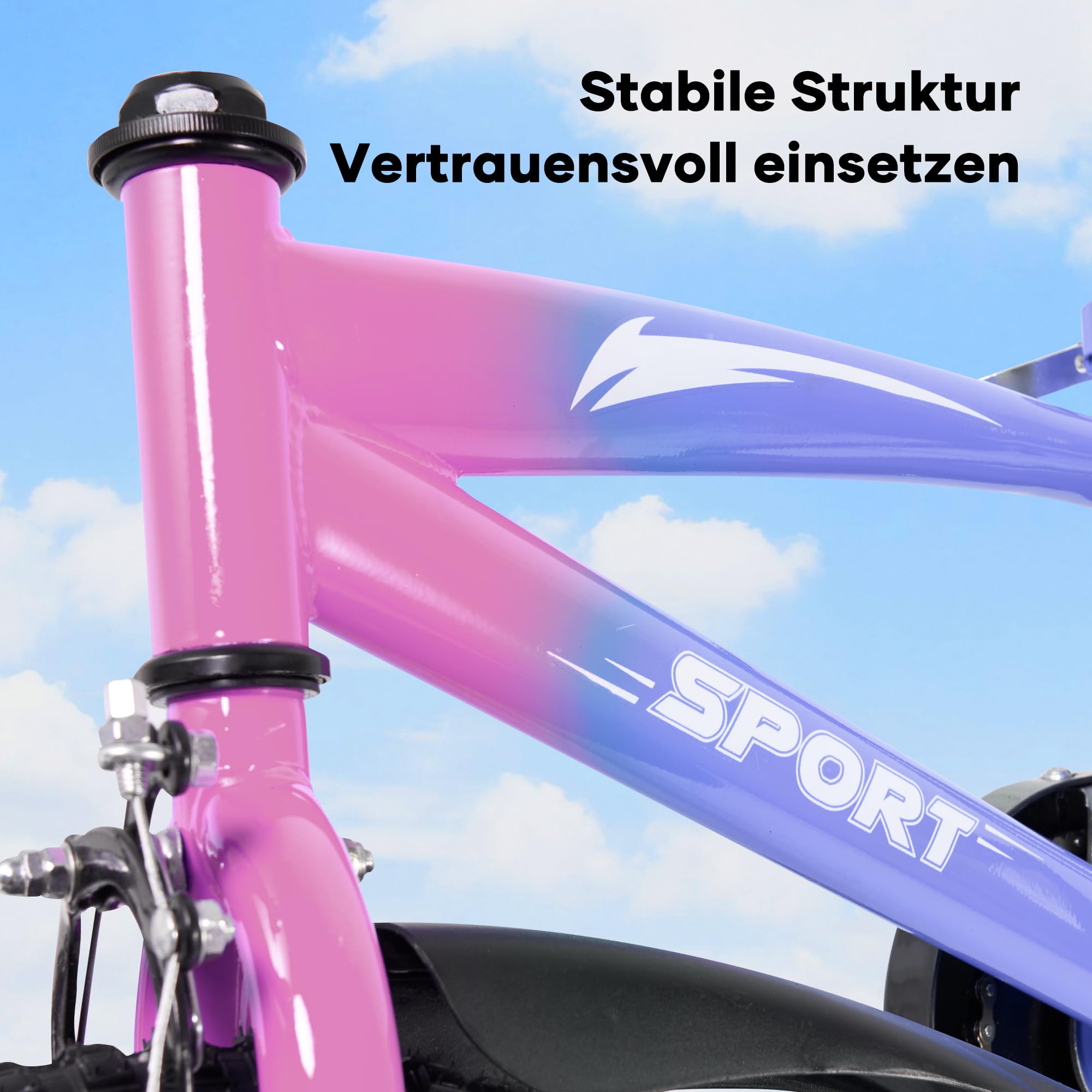 BODIOO Vélo enfant 14 pouces, vélo pour garçon et fille avec roues stabilisatrices, cadre stable, siège réglable, frein arrière et frein à main, adapté pour les cyclistes de 94 à 107 cm (dégradé