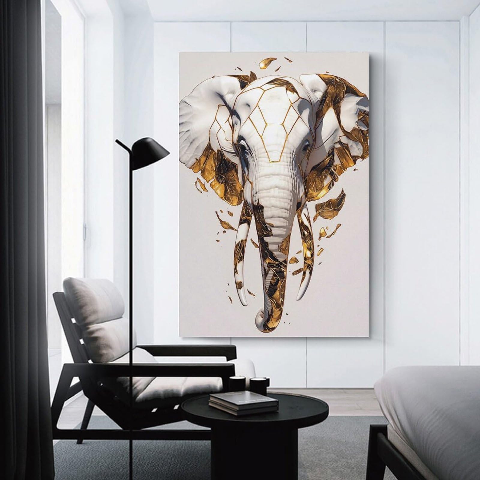 Junmoney Unframe-Style-23 Abstract Golden Elephant Sculpture Canvas Wall Picture 12X18inch(30X45cm), For Contemporary Homes, Apartments Or Offices, Wall Decor With Flexible Room Appeal