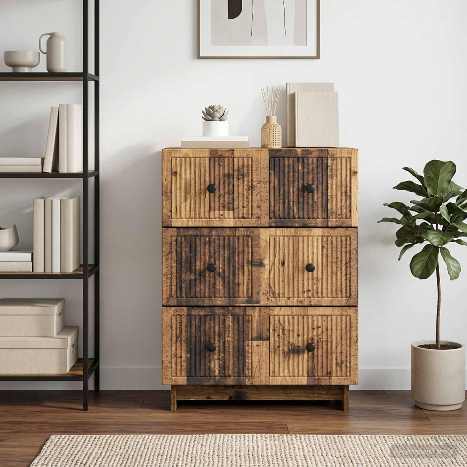 Cassettiera in legno anticato, 66 x 34,5 x 90 cm, 3 cassetti, per ufficio e soggiorno, per ordine e spazio