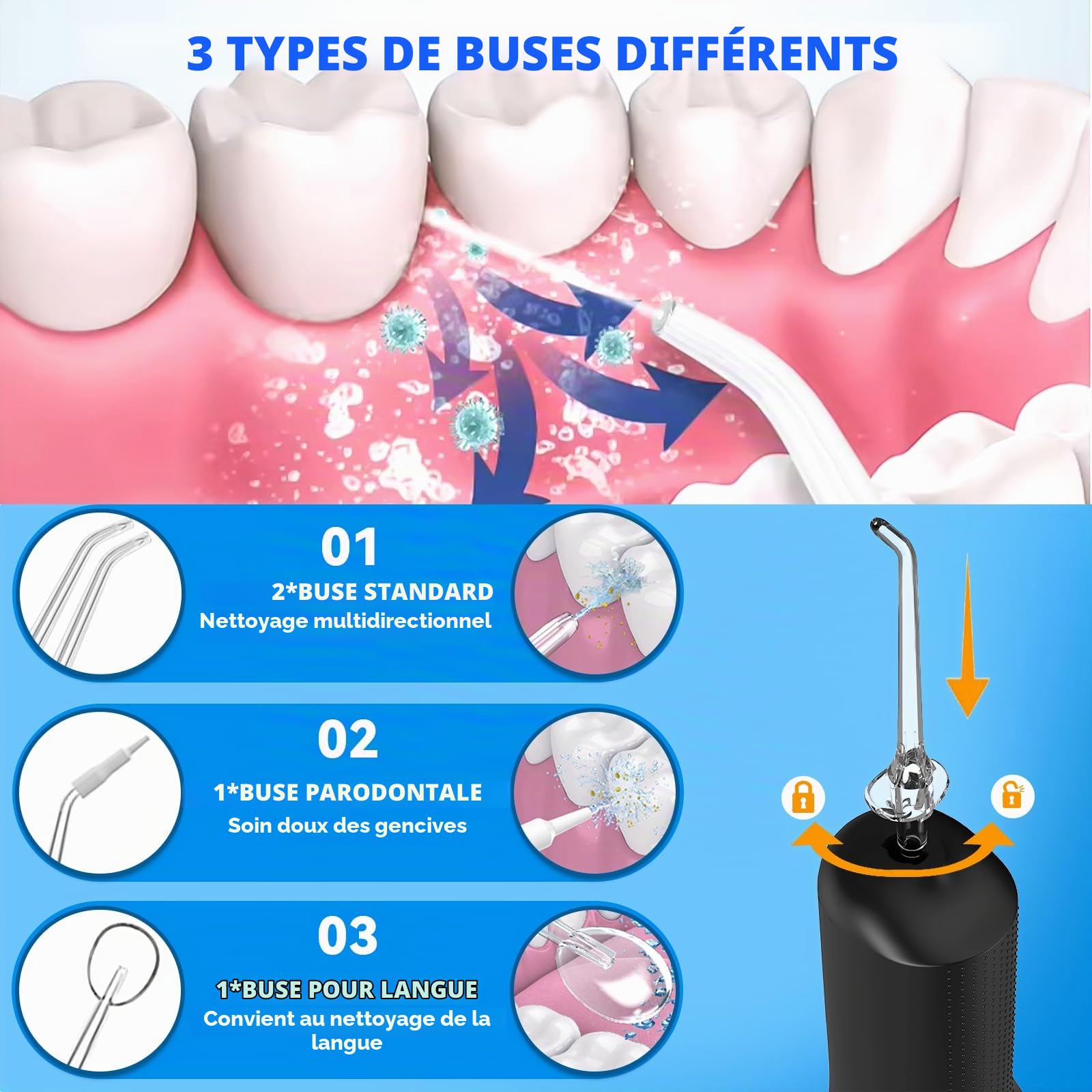 Jet Dentaire Hydropulseur Portable, Irrigateur Oral Sans Fil 4 Modes et 4 Buses, Réservoir 300ML, USB Chargé, Étanche IPX6, Convient Gencive Sensible