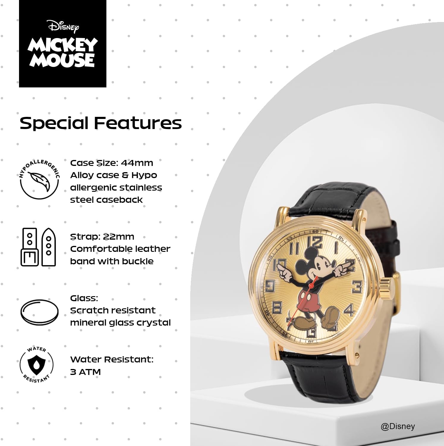 Mickey Mouse Articulating Hands Watch for Men, Stylish Mickey Watch for Men, Classic Mouse Watches, Unique Timepiece, Gold Dial & Case, Black Leather Strap