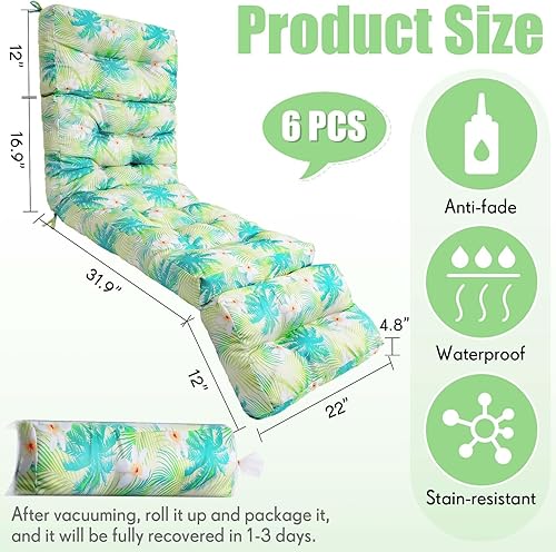 Miniatura 2 de Barydat - 6 cojines para tumbona para exteriores, para piscina, patio, descanso, 22 x 73 x 4.7 pulgadas de alto, cojín impermeable para silla de