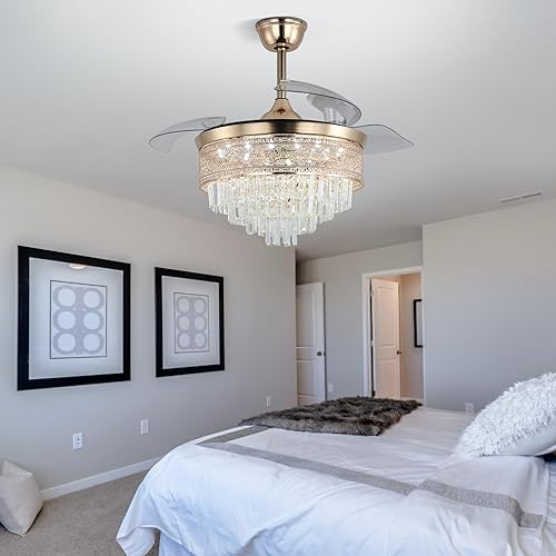 Miniatura 10 de Jenvkoil Ventilador de araña de cristal de 42 pulgadas, lámpara regulable, moderna, color negro, con luces y control remoto para dormitorio,