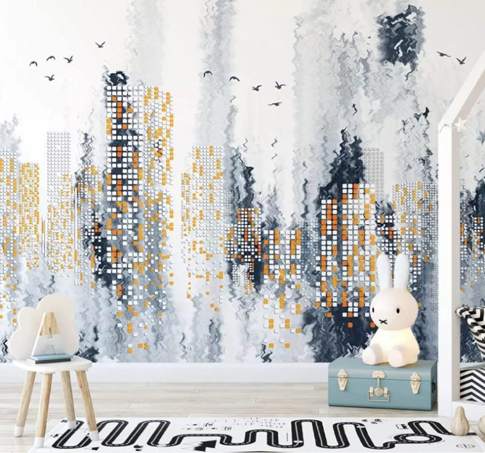 XLMING Abstract Ink Wash Urban Architecture Birds in Flight Scenery 3D Wallpaper Luxury Silk Study Dining Feature Sofa Grey Bedroom Living Room Tv Decorative Wall-150cm×105cm
