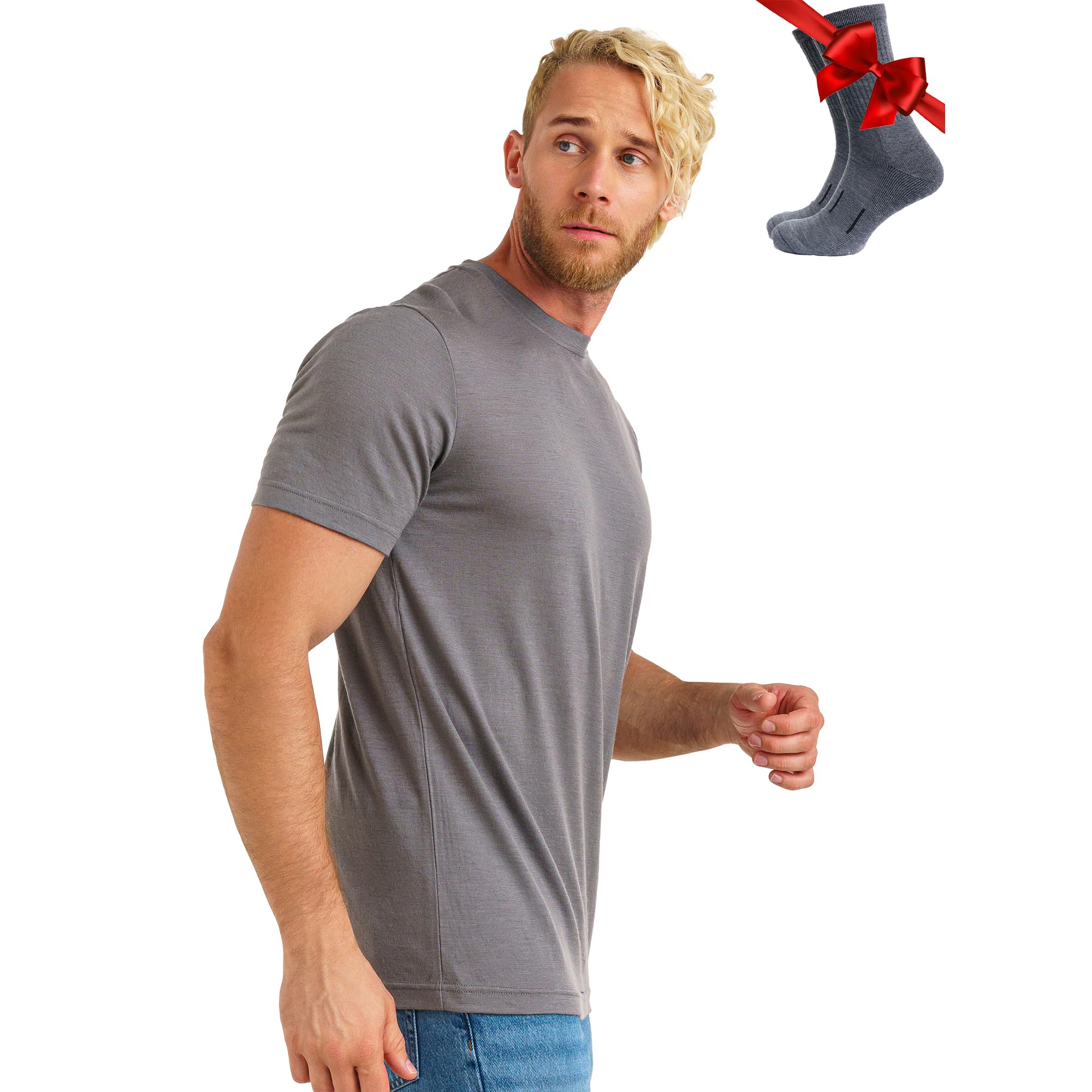 Merino.tech Camiseta Lana Merino Hombre - 100% Lana Merino con Calcetines (Large, Gray)