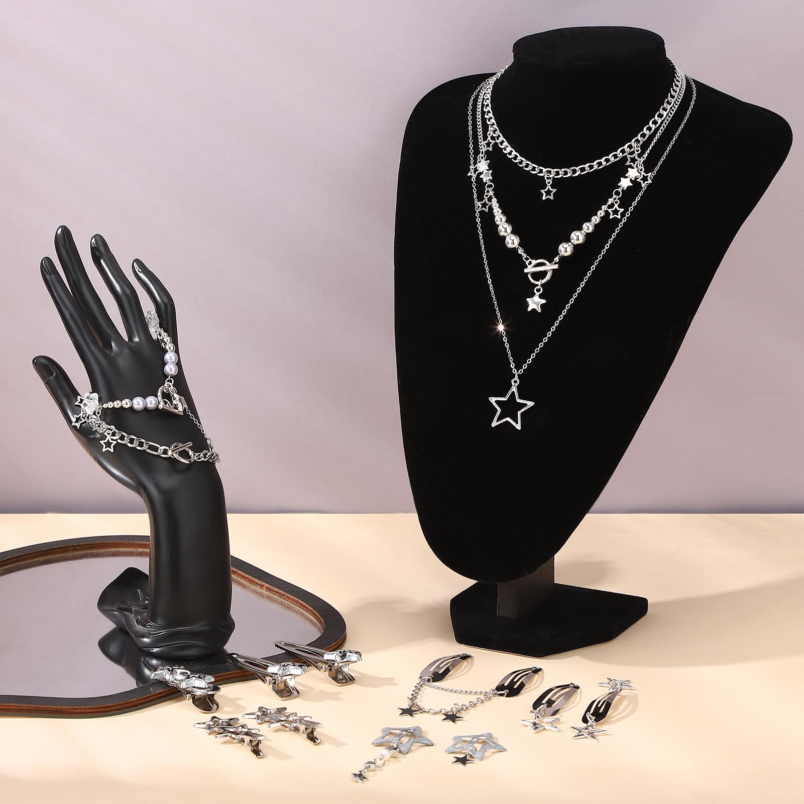 Y2k Accessories Set Included Star Y2k Silver Necklace Grunge Layered Necklace Y2K Sunglasses Star Hair Clip Y2k Silver Hair Clips Keychain Hip Hop Pants Chain Vintage Jewelry Set for Women