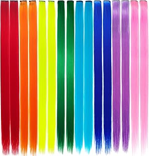 16 PCS Colored Clip in Hair Extensions, Colorful Party Highlights Hair Synthetic Hairpieces Rainbow Hair Accessories for Women Girls, 8 Colors (22 Inch Straight)