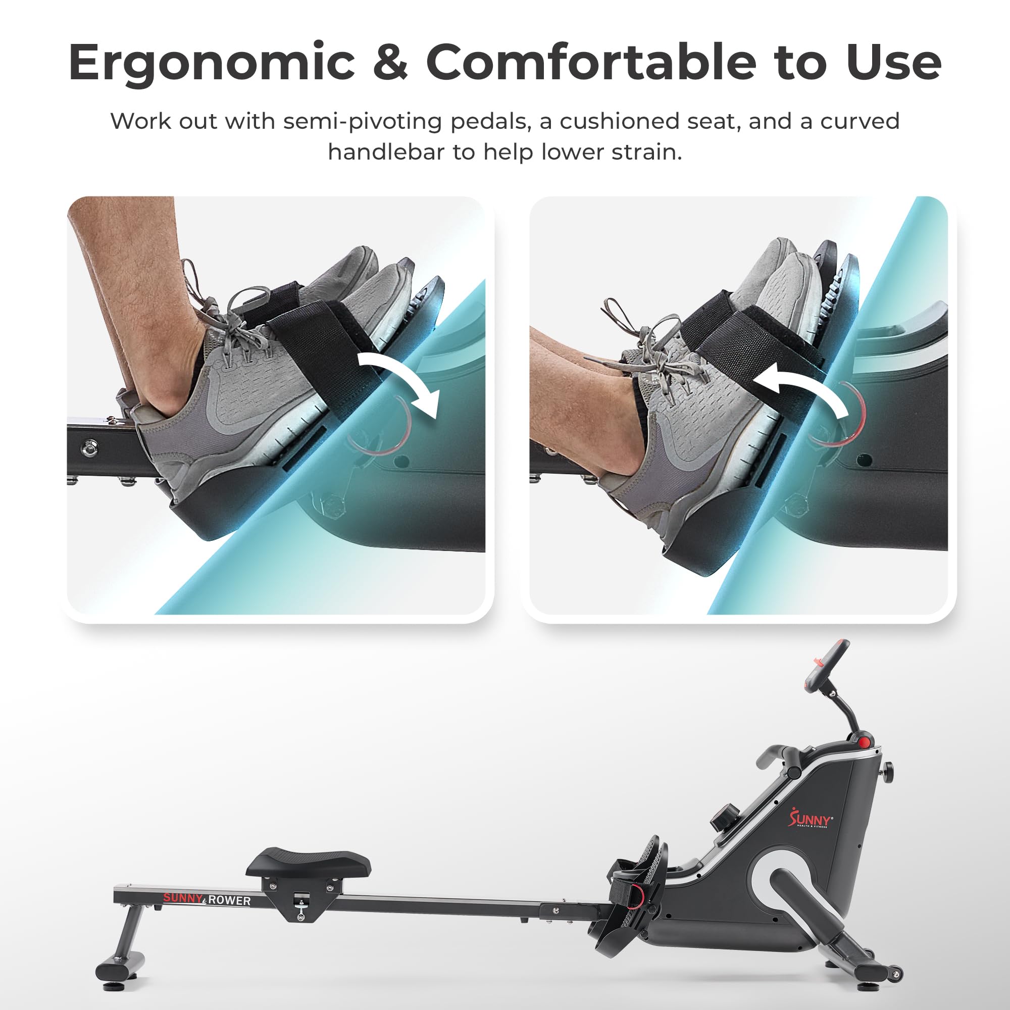 Sunny Health & Fitness Flip & Foldable Rowing Machine for Home w/Extended Slide Rail, Full-Body Workout, Low-Impact, Optional Extra Long Rail, Quiet Rail Cover, Water Motion and Free SunnyFit App
