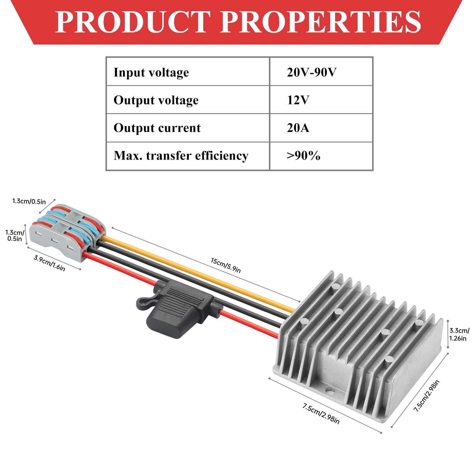 Convertidor de Voltaje DC 20V-90V a 12V 20A, Regulador de Voltaje DC 24V 48V 72V a 12V 240W Buck Transformador Impermeable para Motor Camión Vehículo Barco, etc.