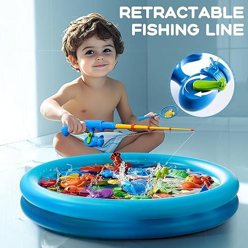 Miniatura 4 de Juego magnético de juguetes de pesca para niños pequeños de 3 a 5 4 a 8 años, mesa de agua de pesca con poste inflable para piscina, red de varilla