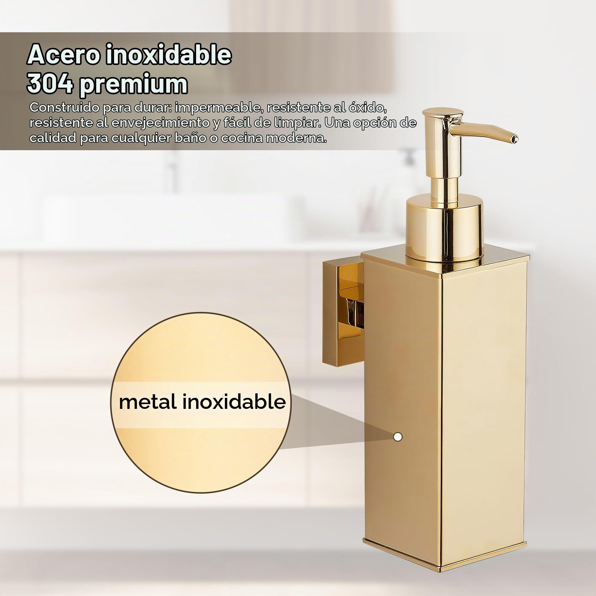 BGL - Juego de 2 dispensadores de jabón montados en la pared, dispensador de jabón líquido de acero inoxidable 304 para baño y cocina, color dorado