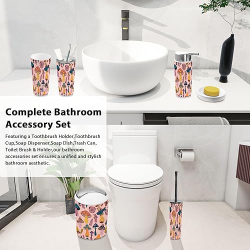 Miniatura 3 de Bathroom Accessory Set 6 Piece Boho Seamless Woodland Mushroom Retro Mushrooms Magic Mushroom Retro 70s Trash Can, Toothbrush Holder, Soap