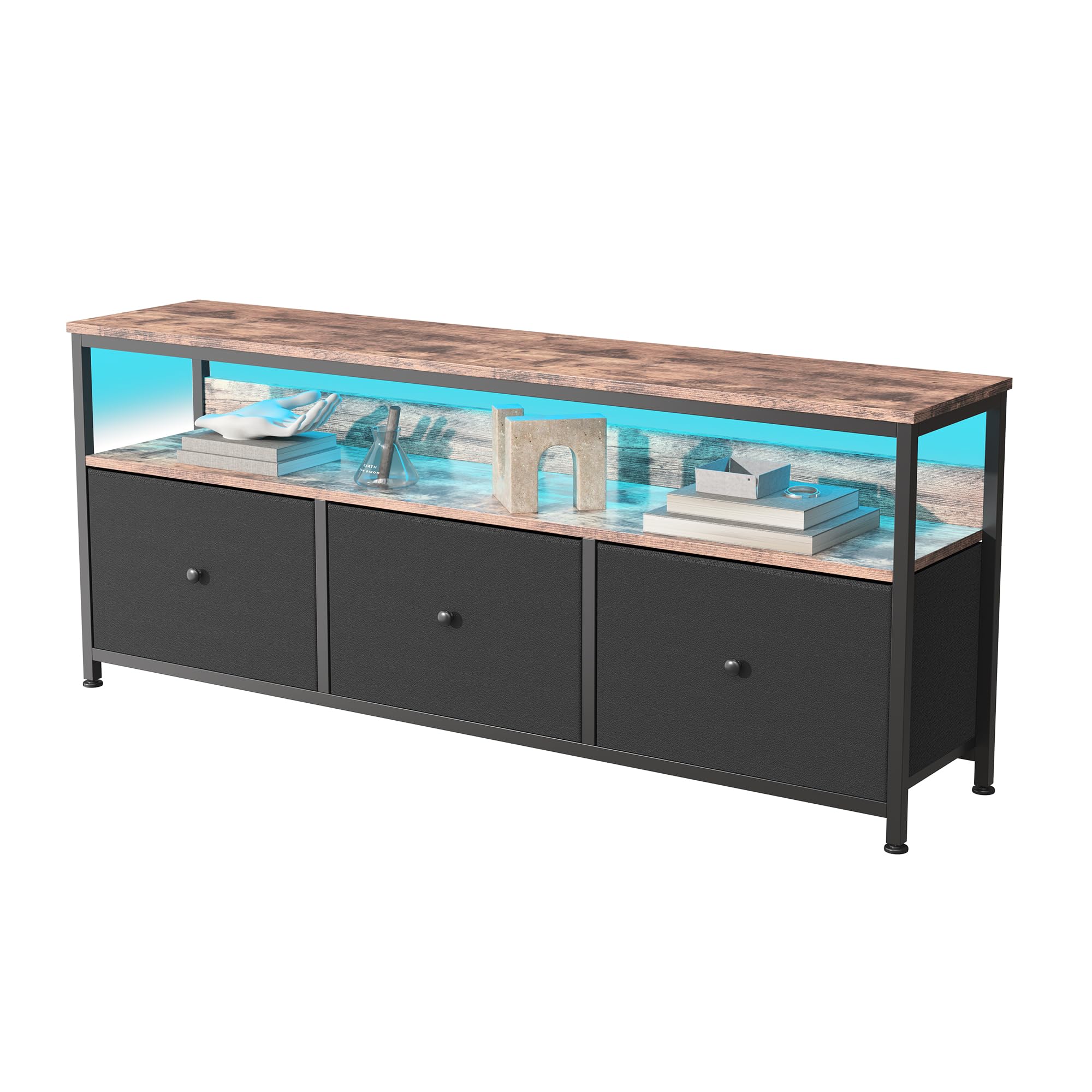 MEXUS Meuble TV, LED Meuble Tele Haut, Meuble TV avec Rangement, 3 tiroirs en Tissu, Intégrez Solutions Rangement Optimisez Visionnage Améliorez L'esthétique (Noir, 108cm)