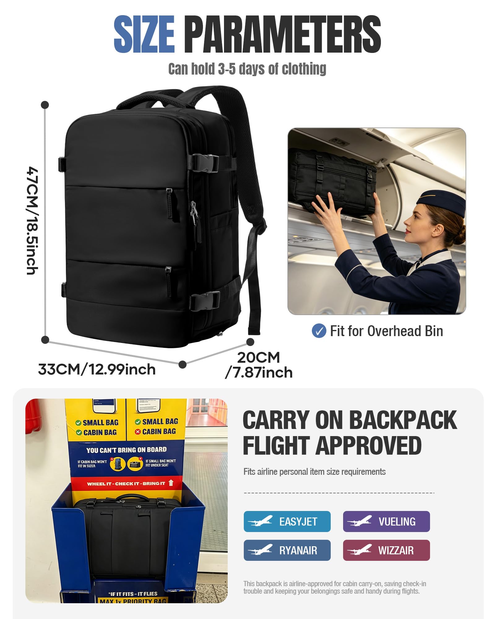BJLFS Vakuum Rucksack Handgepäck mit Pumpe Ryanair Handgepäck 40x30x20 Vakuum Reiserucksack Damen Groß Airbag Rucksack mit Vakuumpumpe Laptop Rucksack 16 zoll Herren Carry on Luggage