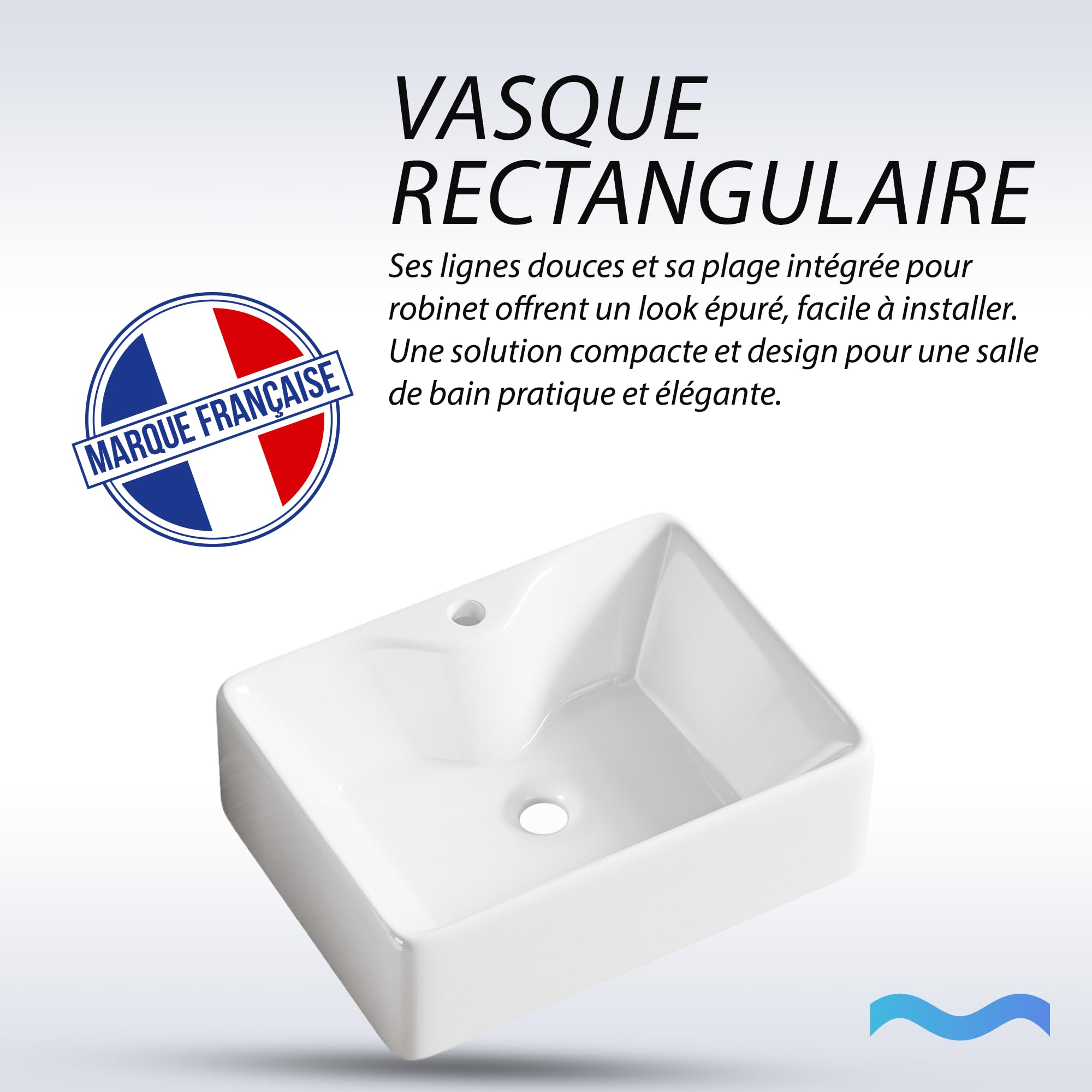 Lavabo rettangolare in ceramica bianca 40 x 30 x 13 cm – Lavabo da appoggio con spiaggia per miscelatore – Design moderno con angoli arrotondati – ideale per il bagno contemporaneo – facile