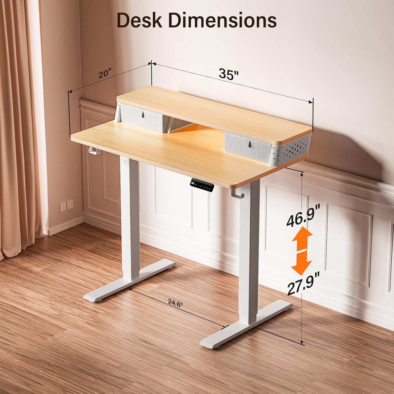 Kingant 35 x 20 Inch Small Electric Standing Desk with Dual Drawers, Height Adjustable Sit to Stand Computer Desk with Storage Shelf and C-Clamp Mount Compatibility for Home Office, Nature
