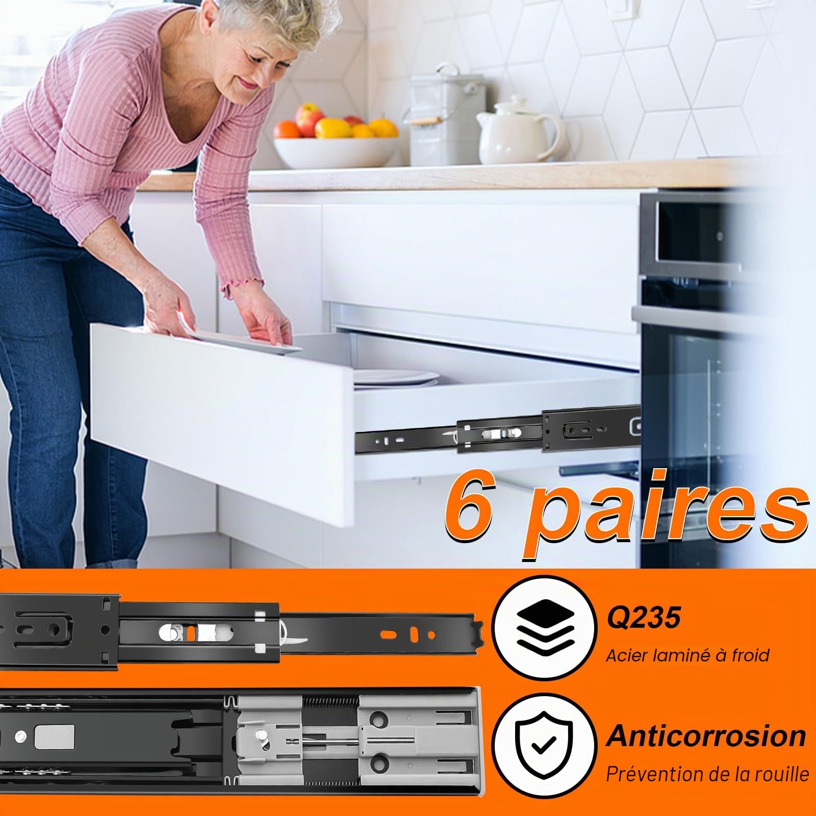 glissières de tiroir 6 paires (12 pièces),30cm glissiere pour tiroir, amortisseur coulisse tiroir avec roulements à billes, montage latéral,extension complète, capacité de charge 45 Kg,noir