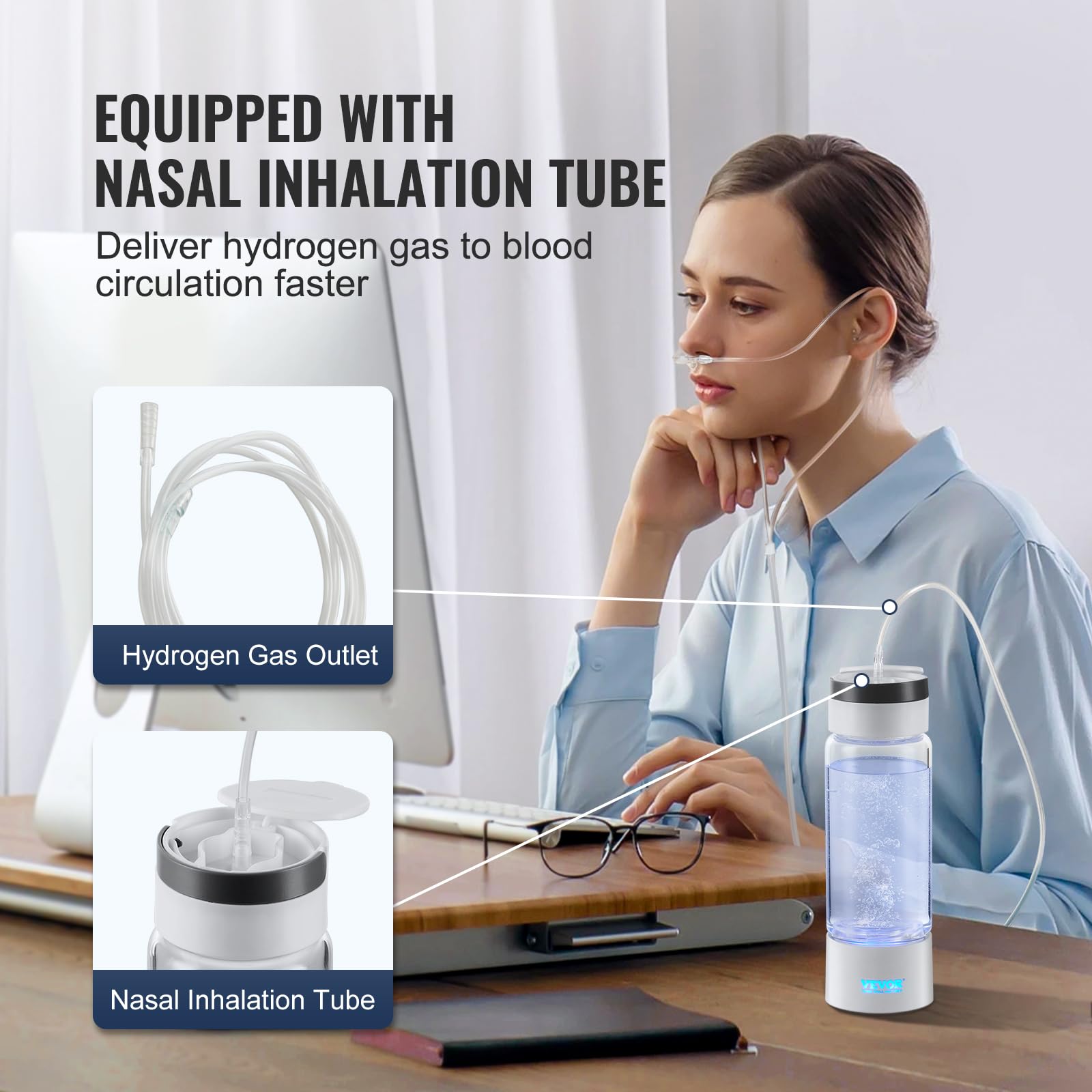 VEVOR Generatore di Bottiglie d'Acqua di Idrogeno, Macchina per Ionizzazione d'Acqua 380 ml, Macchina per Ionizzatore d'Acqua Ricca di Idrogeno Tecnologia SPE con Tubo Inalazione Nasale Autopulente