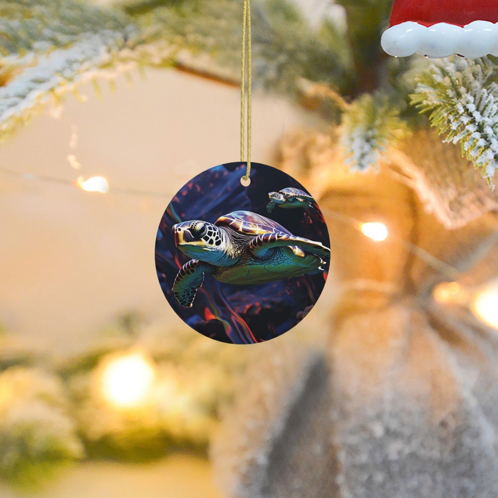 Christmas Tree Ornaments Ceramics Christmas Round Decorations A Colorful Tropical sea Turtle Ceramics Ornaments Circle Pentagram Xmas Tree Hanging Pendant for Christmas Tree Party Holiday Home Decor