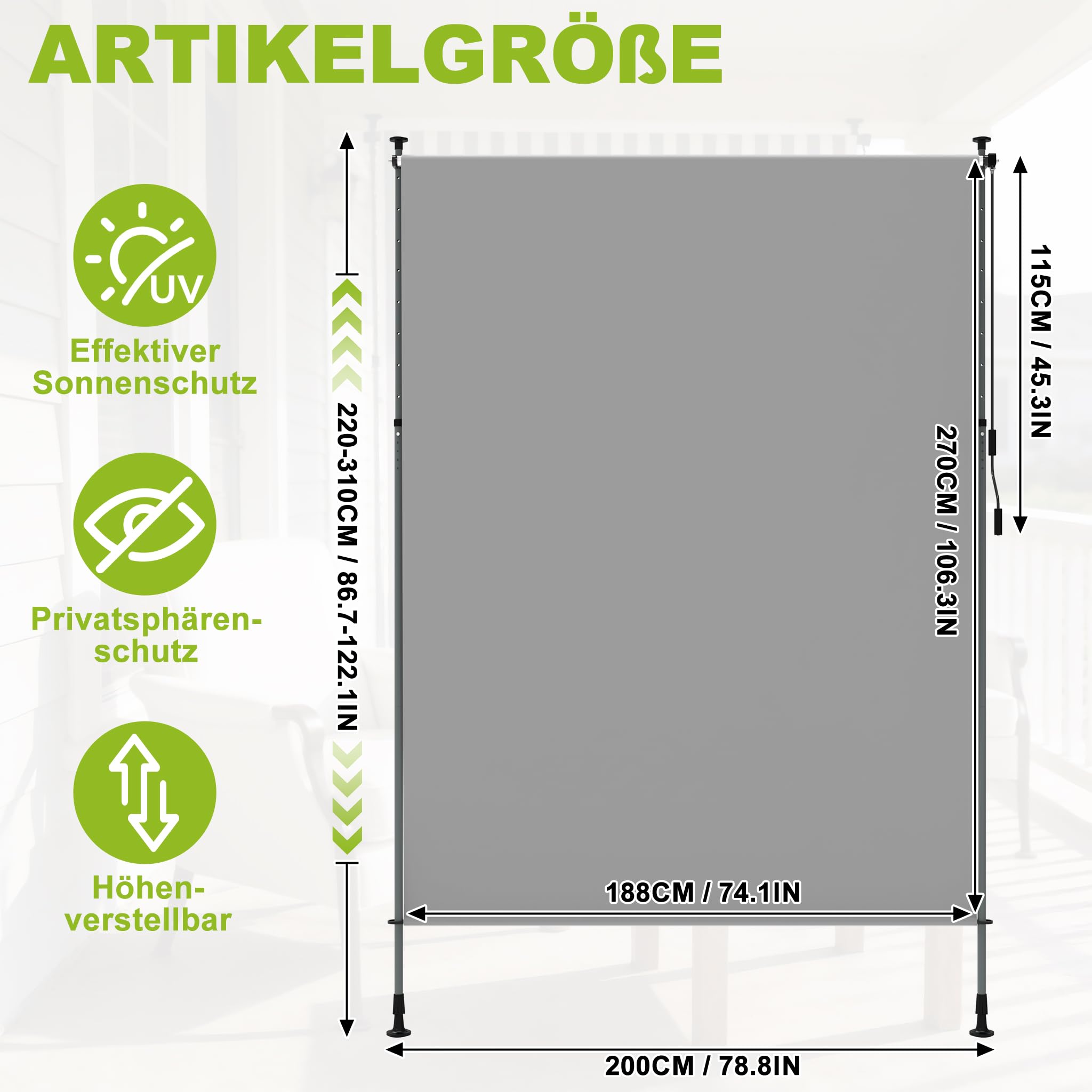 YRHome Klemmmarkise 200x310cm Vertikalmarkise Wasserfest & UV-Schutz Senkrechtmarkise mit Handkurbel ohne Bohren Sichtschutz Ausziehbar Seitenmarkise für Garten Terrasse Balkon - Hellgrau