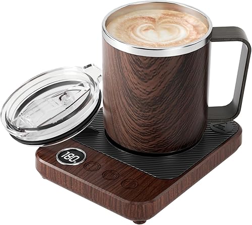 Juego de calentador de taza de café y taza para escritorio, calentador eléctrico de taza de café con taza térmica de 16 onzas, calentador de café